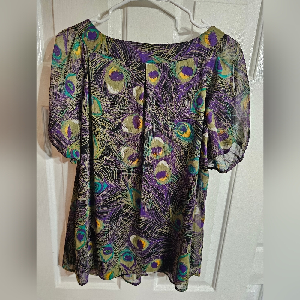 Sara Michelle Womens 1X Purple Blue Peacock Print Chiffon Blouse Preppy Boho 90s - Picture 3 of 7
